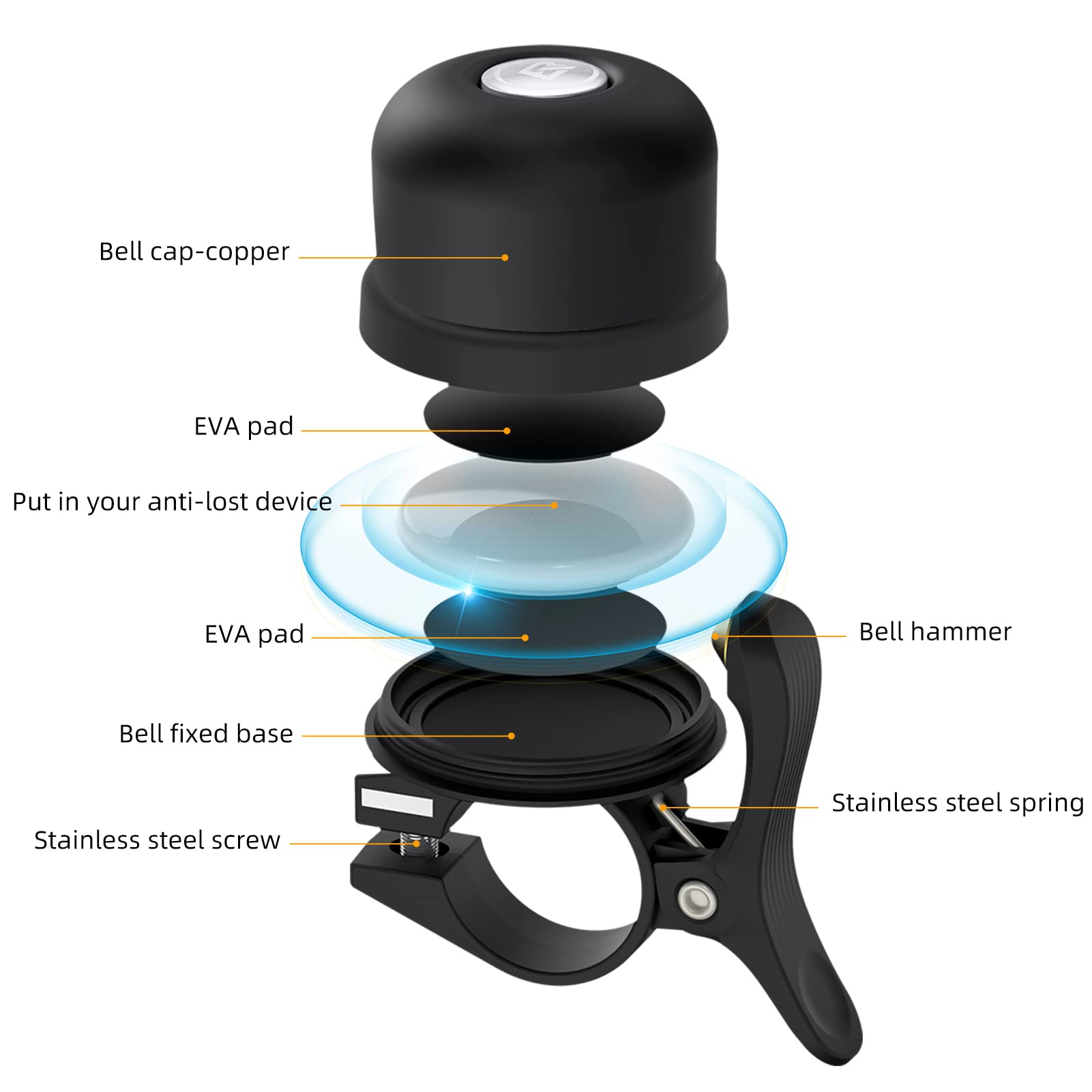 ROCKBROS Hidden AirTag Bike Bell, Anti-Theft GPS Tracker for 0.87"/22.2mm, 1"/25.4mm, 1.25"/31.8mm Handlebars