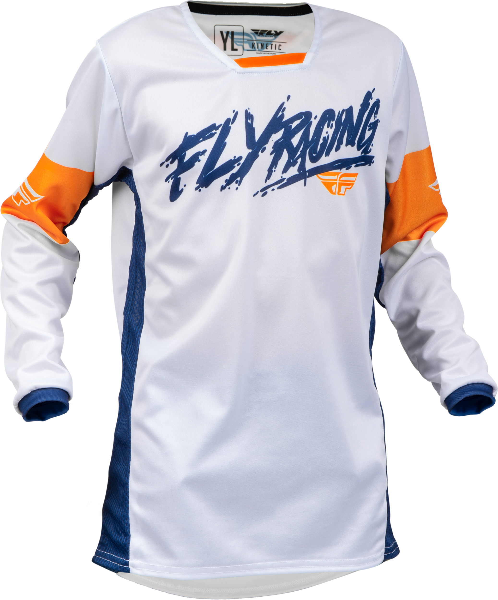 Fly Racing Youth Kinetic Khaos Jersey White/Navy/Orange Ys 376-425YS