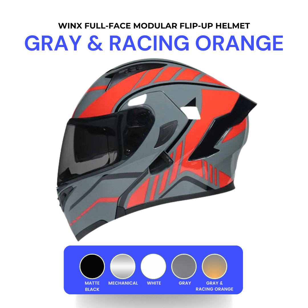 Winx Full-Face Modular Flip-Up Helmet Grey and Racing Orange / Extra Large w/Clear Visor