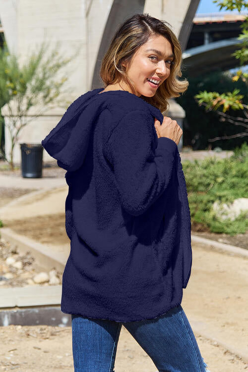 Women Full Size Teddy Hooded Jacket with Pockets Cozy Casual Jacket Comfortable Women Jacket