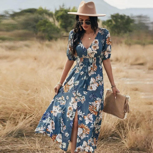 Fashion Casual Loose Party Short Sleeve Maxi Split Dress -  Summer Dresses for Women