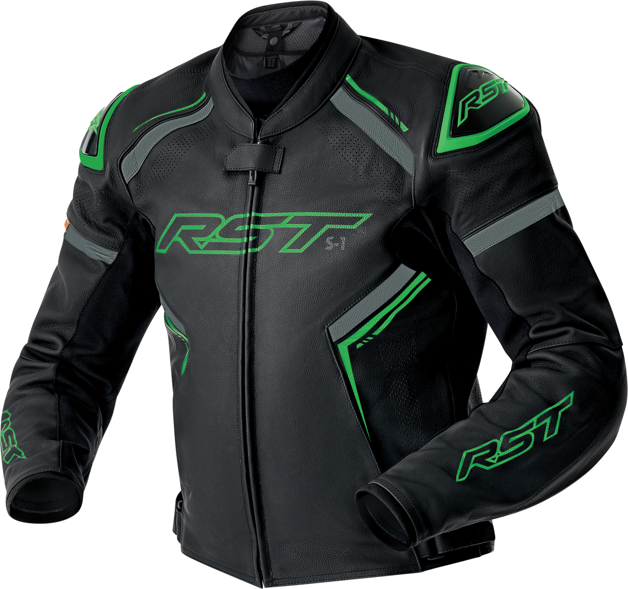 RST S1 D3o Leather Jacket Blk/Gry/Flo Grn Lg 556-3605344