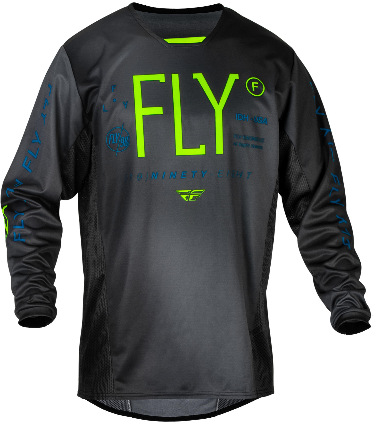 Fly Racing Youth Kinetic Prodigy Jersey Charcoal/Neon Grn/True Blu Yxl 377-526YXL