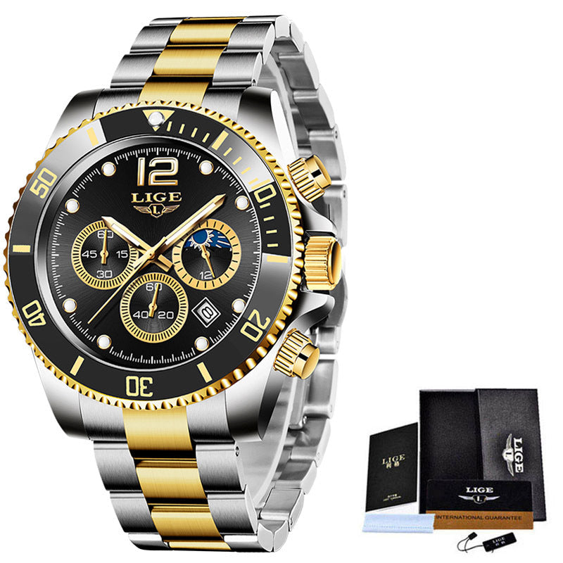 Multifunctional Mens Business Watch Luxury Military Quartz Stainless Steel Round Analog Wrist Watch For Men