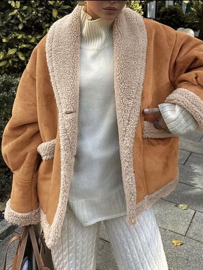 Fuzzy Collared Neck Long Sleeve Jacket with Buttoned Closure and Cozy Pockets