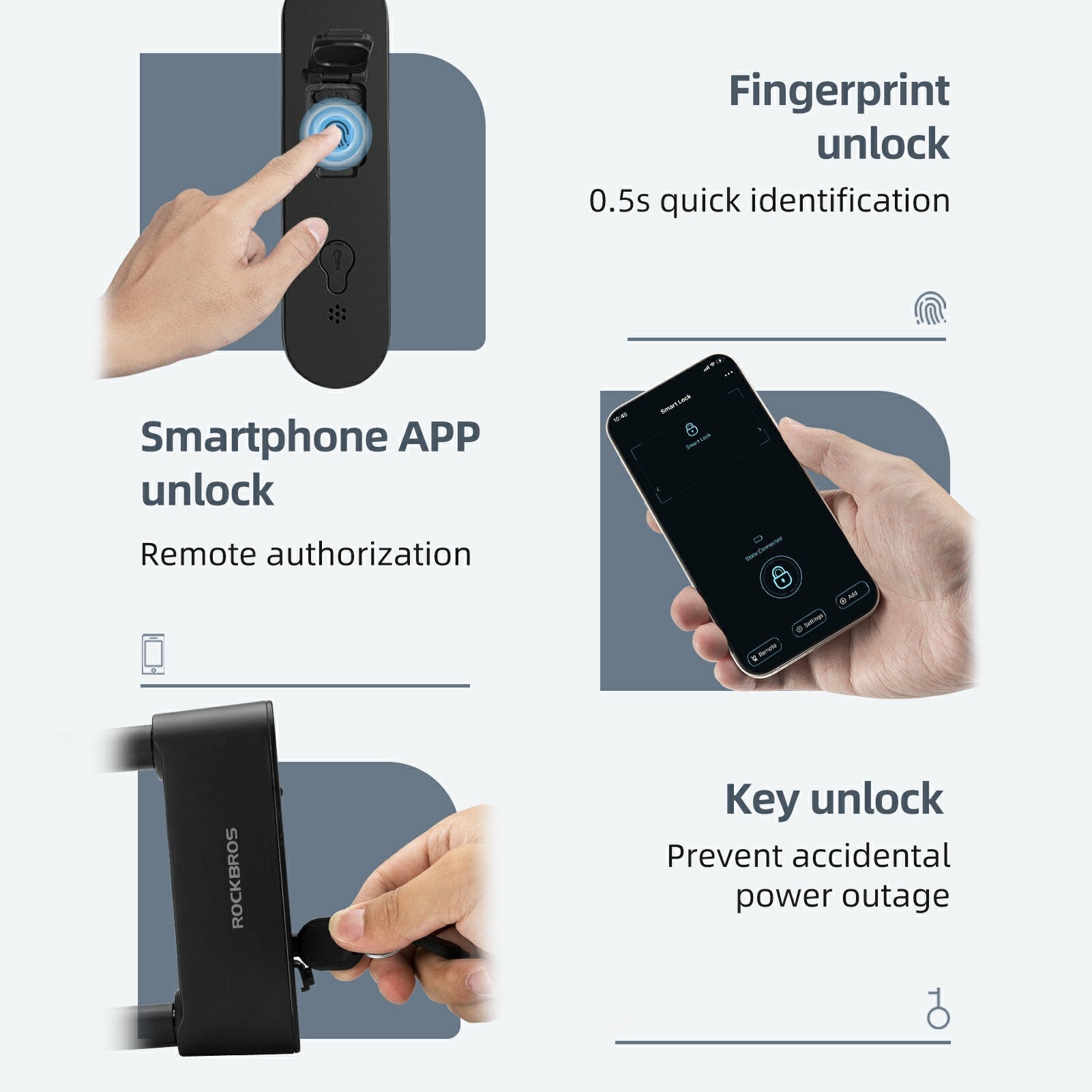 ROCKBROS Smart Bike U Lock with Fingerprint and App Control Waterproof