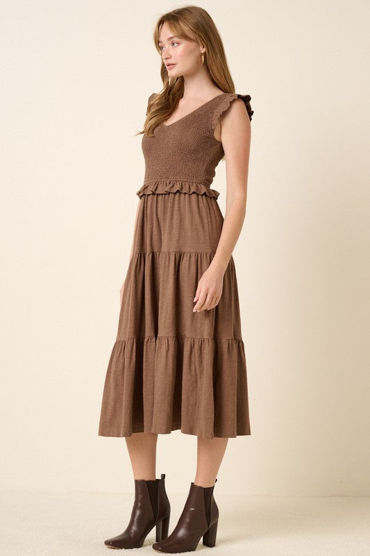 Smocked Ruffled Tiered Midi Dress For Women – Feminine, Romantic & Elegant Boho Chic Dress for Special Occasions
