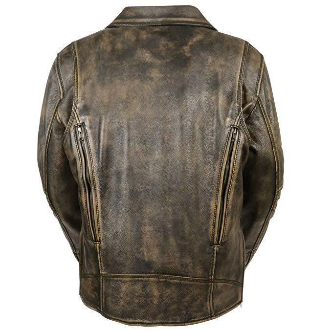 MLM1515 Men's Classic Beltless Distressed Brown Leather Triple Stitched Motorcycle Biker Jacket