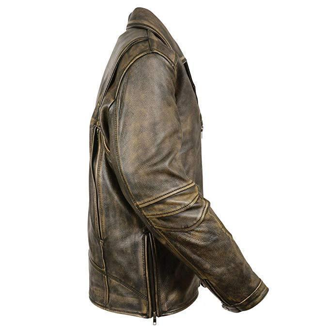 MLM1515 Men's Classic Beltless Distressed Brown Leather Triple Stitched Motorcycle Biker Jacket