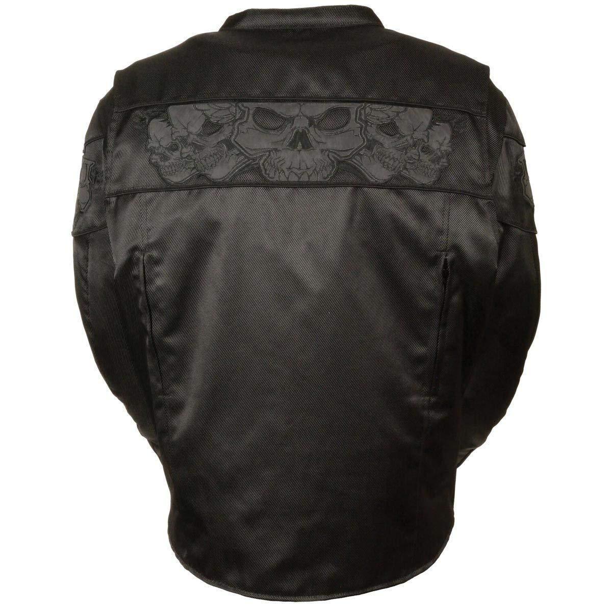 MPM1730 Black Padded Textile Motorcycle Jacket for Men w/ Reflective Skulls - All Season Motorcycle Jacket