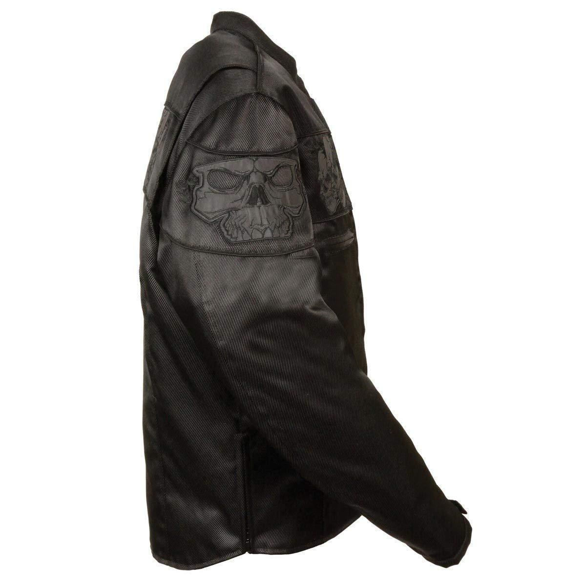 MPM1730 Black Padded Textile Motorcycle Jacket for Men w/ Reflective Skulls - All Season Motorcycle Jacket