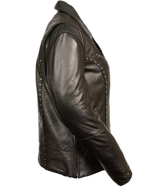 ML1948 Women's Classic Riveted Motorcycle Black Leather Jacket