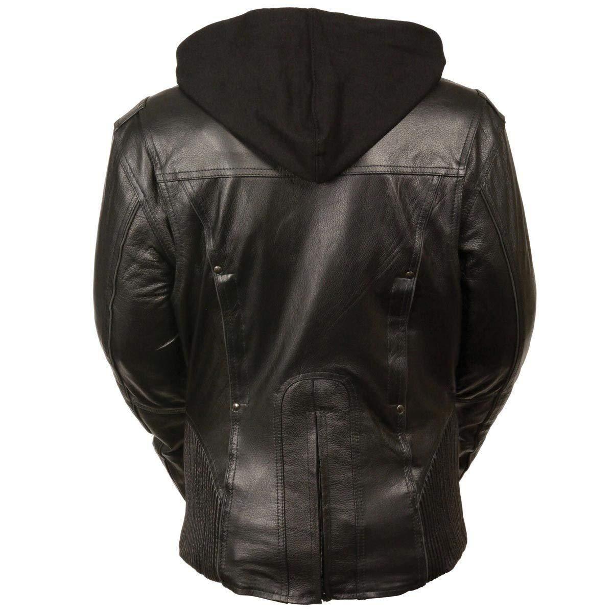 ML2066 Women's 3/4 Black Leather Hoodie Jacket with Reflective Tribal Design