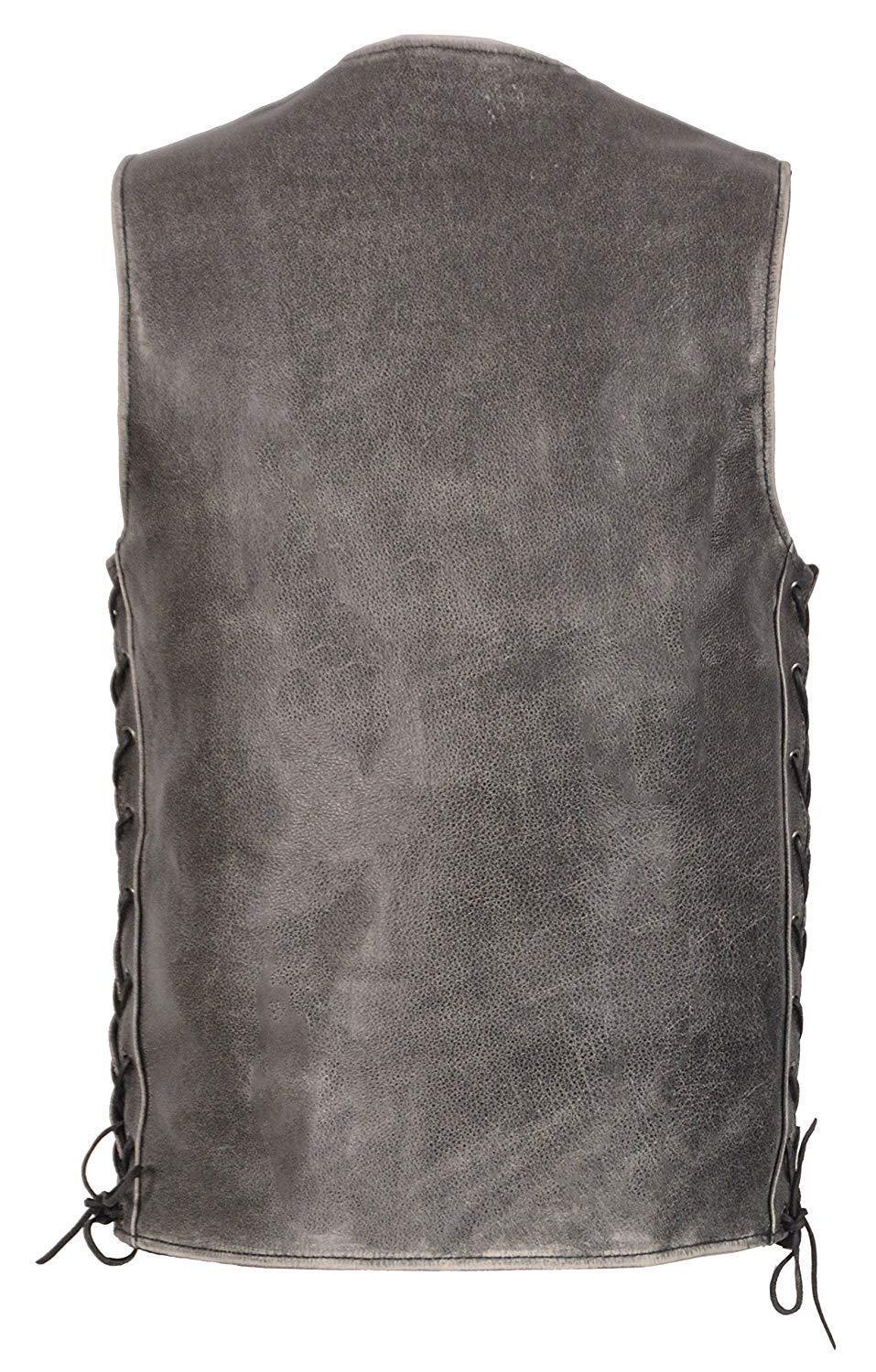 MLM3521 Men's Distress Grey Leather Vest - V-Neck Straight Bottom Side Lace Motorcycle Rider Vest