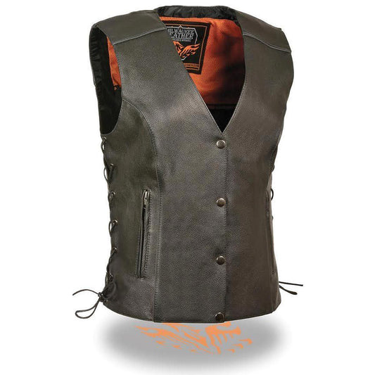 MLL4500 Women's Classic Black Leather V-Neck Motorcycle Rider Vest w/ Side Laces
