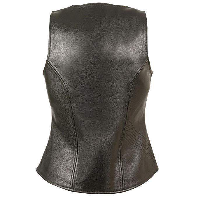 MLL4530 Women's Black Leather Open Neck Motorcycle Rider Vest W/ Front Zip and Stitching detail