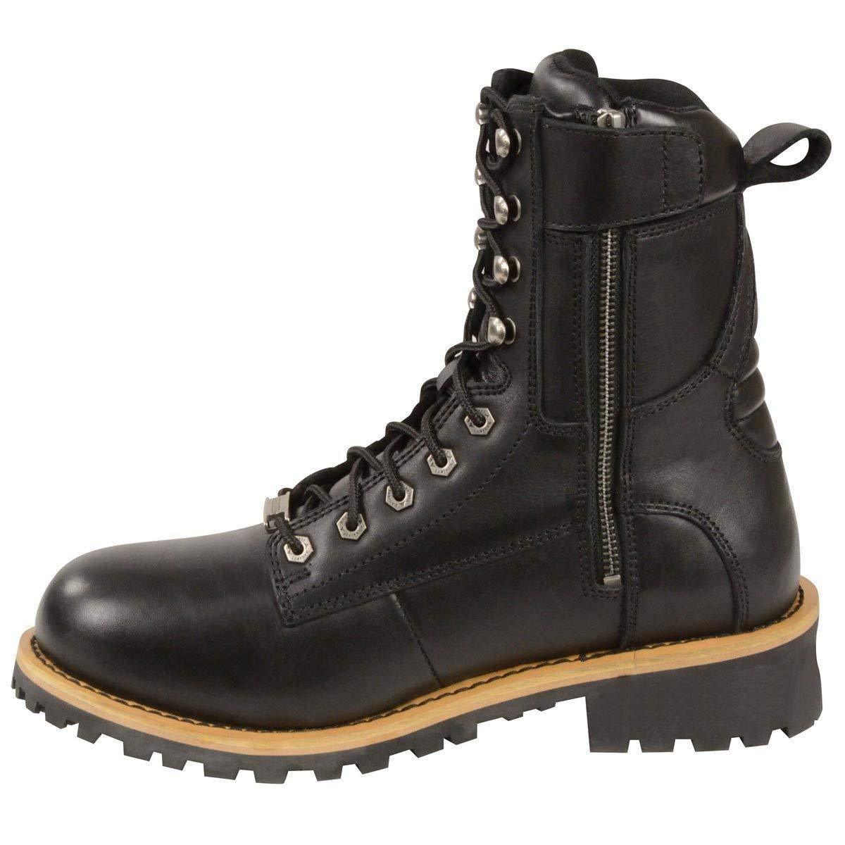 Men's Classic Black Leather Lace-Up Logger Boots w/ Side Zipper MBM9095