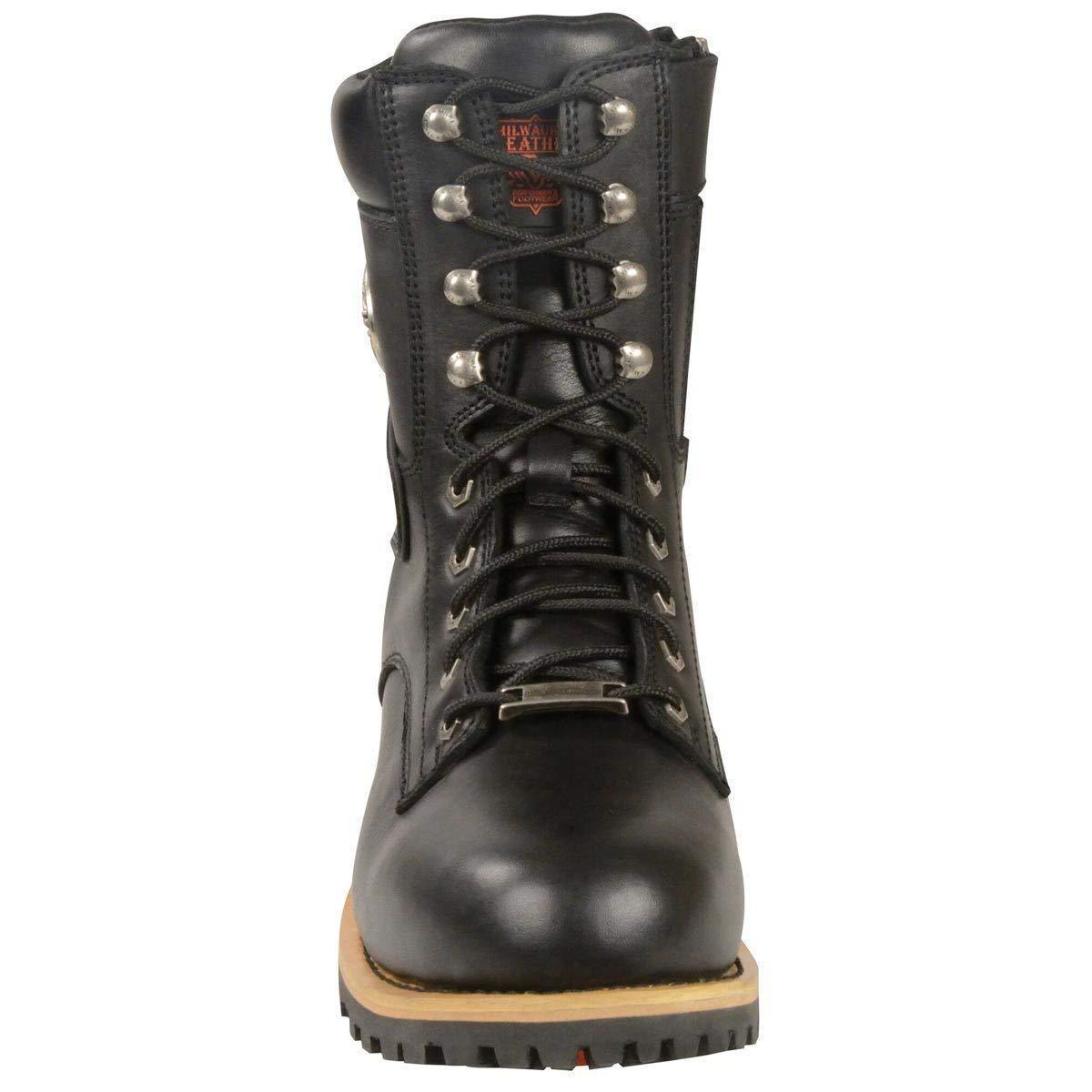 Men's Classic Black Leather Lace-Up Logger Boots w/ Side Zipper MBM9095