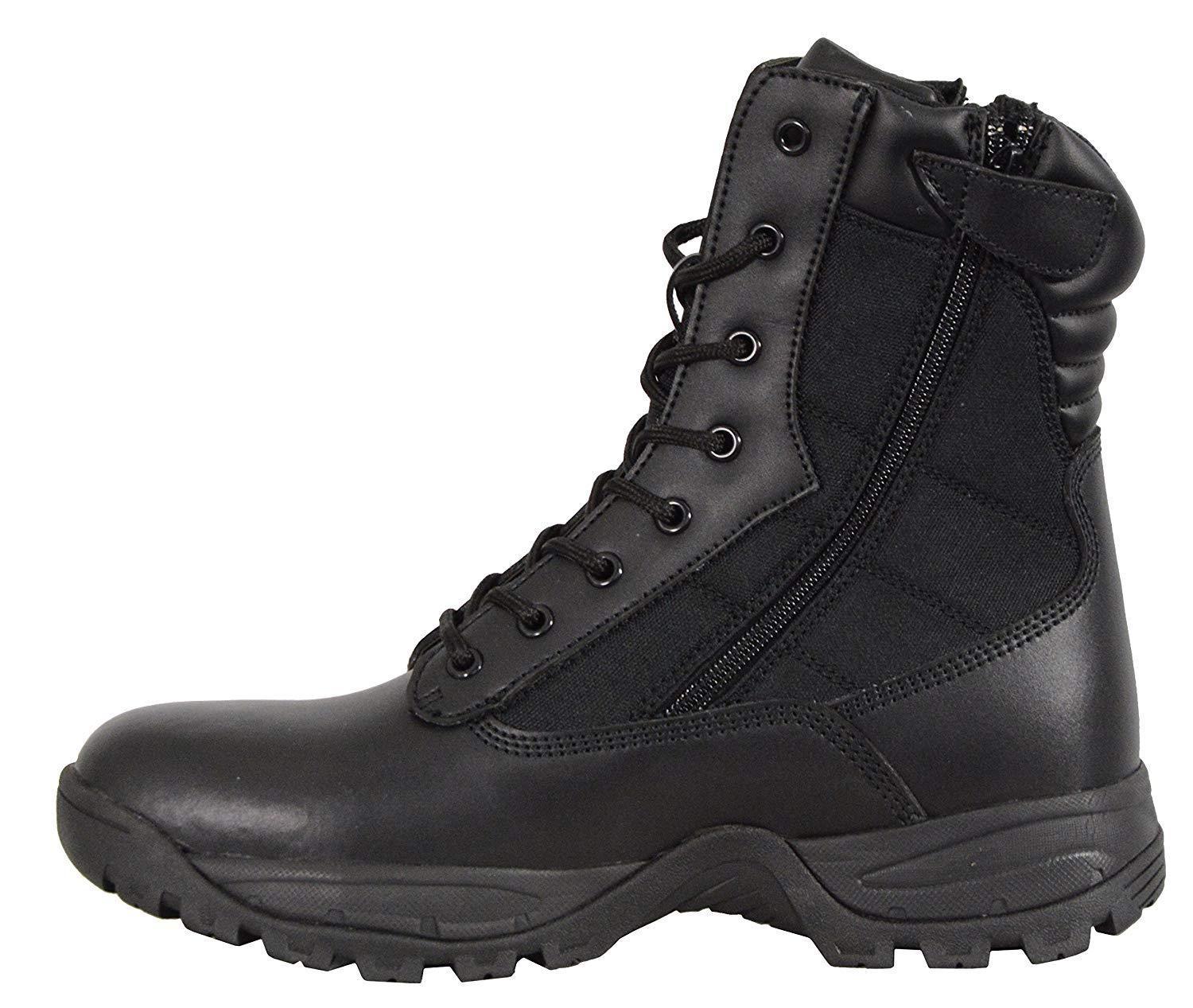Men's 9-Inch Black Leather Lace-Up Tactical Motorcycle Boots w/ Side Zipper MBM9110