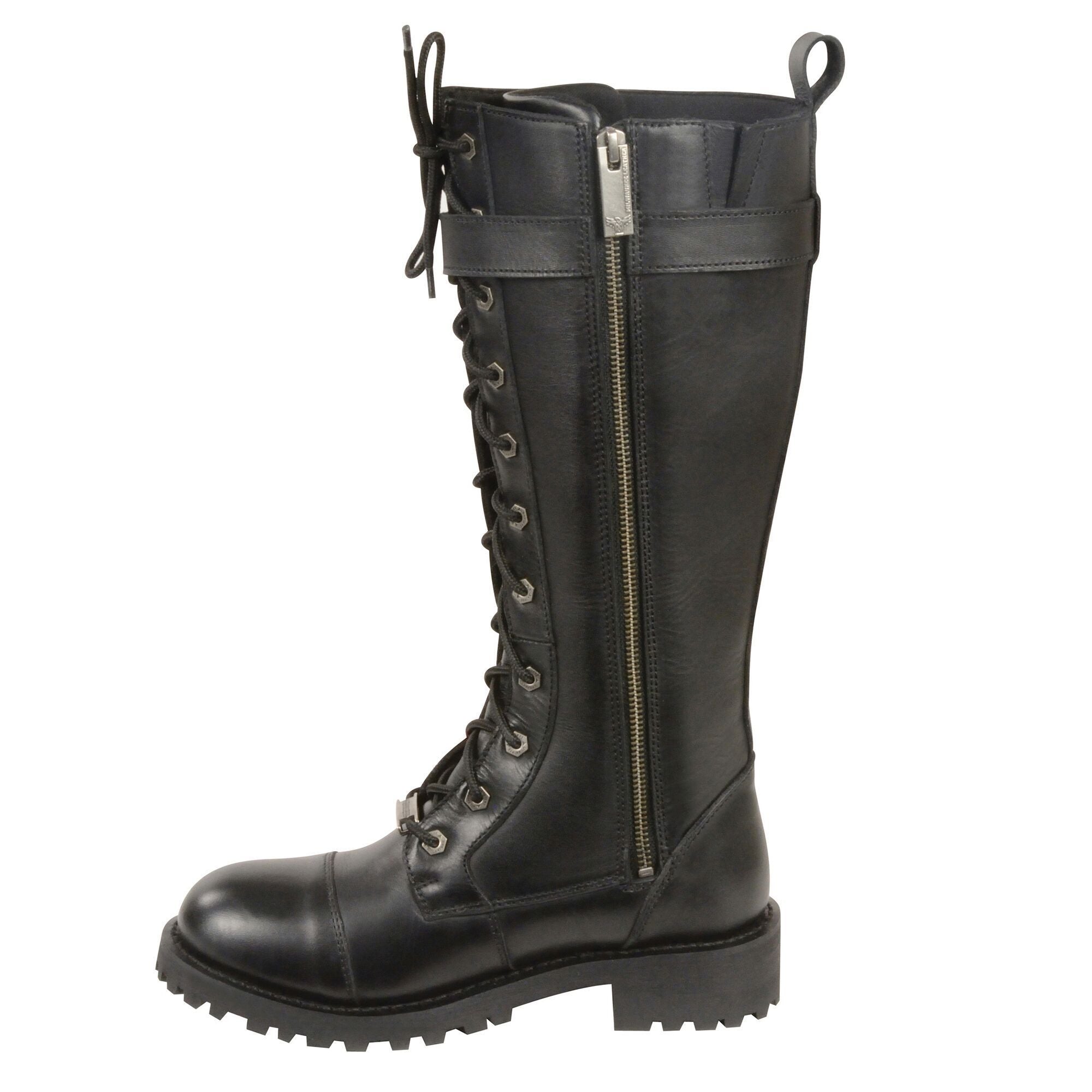 Women's Black 14-inch Lace-Up High-Rise Leather Biker Rider Boots with Calf Buckle MBL9355