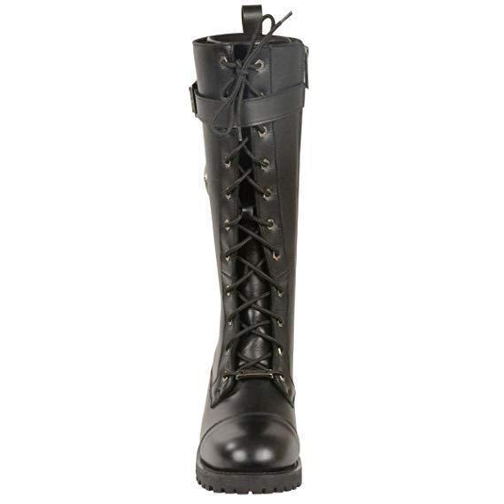Women's Black 14-inch Lace-Up High-Rise Leather Biker Rider Boots with Calf Buckle MBL9355