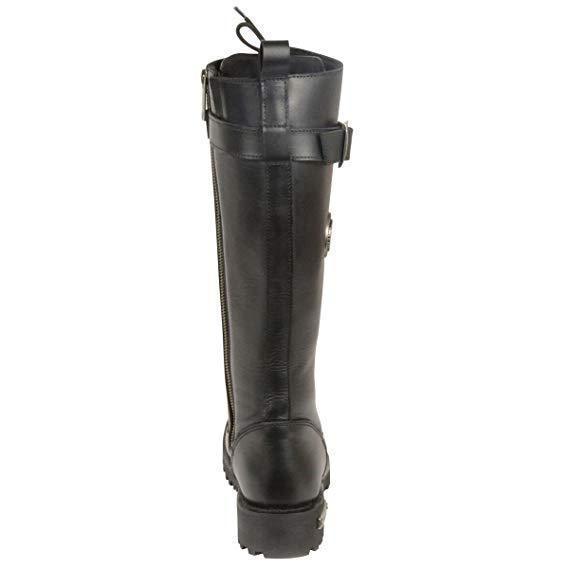 Women's Black 14-inch Lace-Up High-Rise Leather Biker Rider Boots with Calf Buckle MBL9355