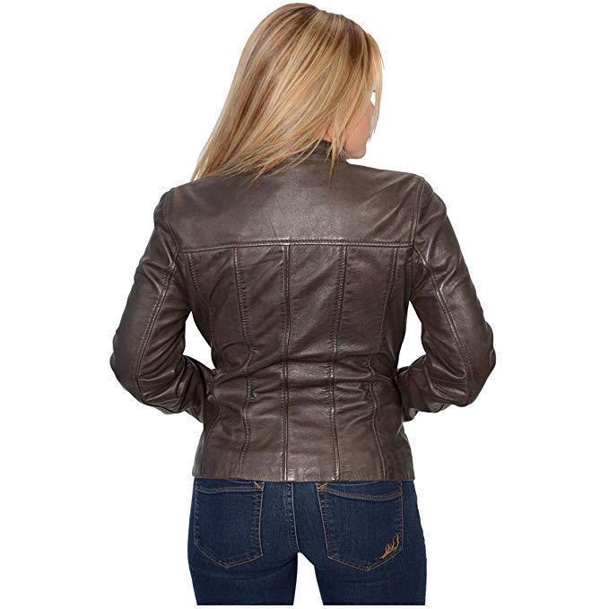 SFL2825 Women's Snap Collar Brown Lambskin Leather Jacket