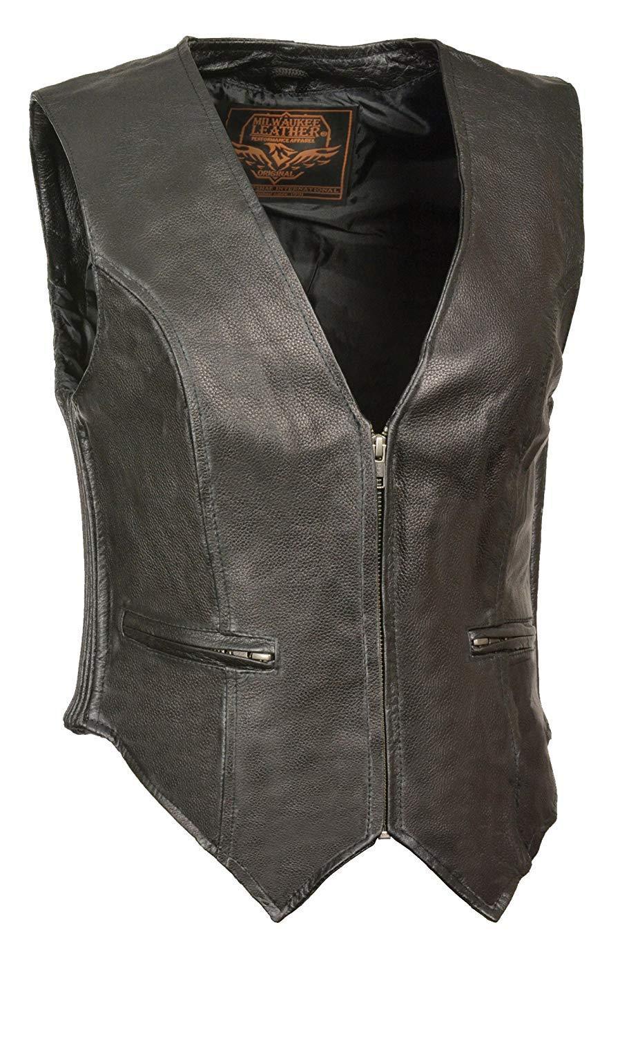 SH1288 Women's Black Leather Deep V-Neck Motorcycle Rider Vest with Side Stretch Panels