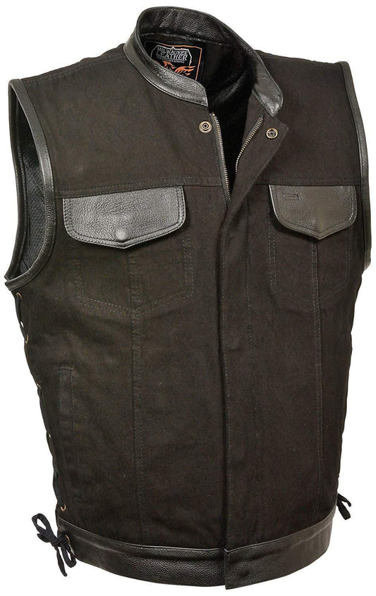 MDM3011 Men's Black 'Hidden Zipper' Side Lace Motorcycle Rider Denim Vest w/ Leather Trim