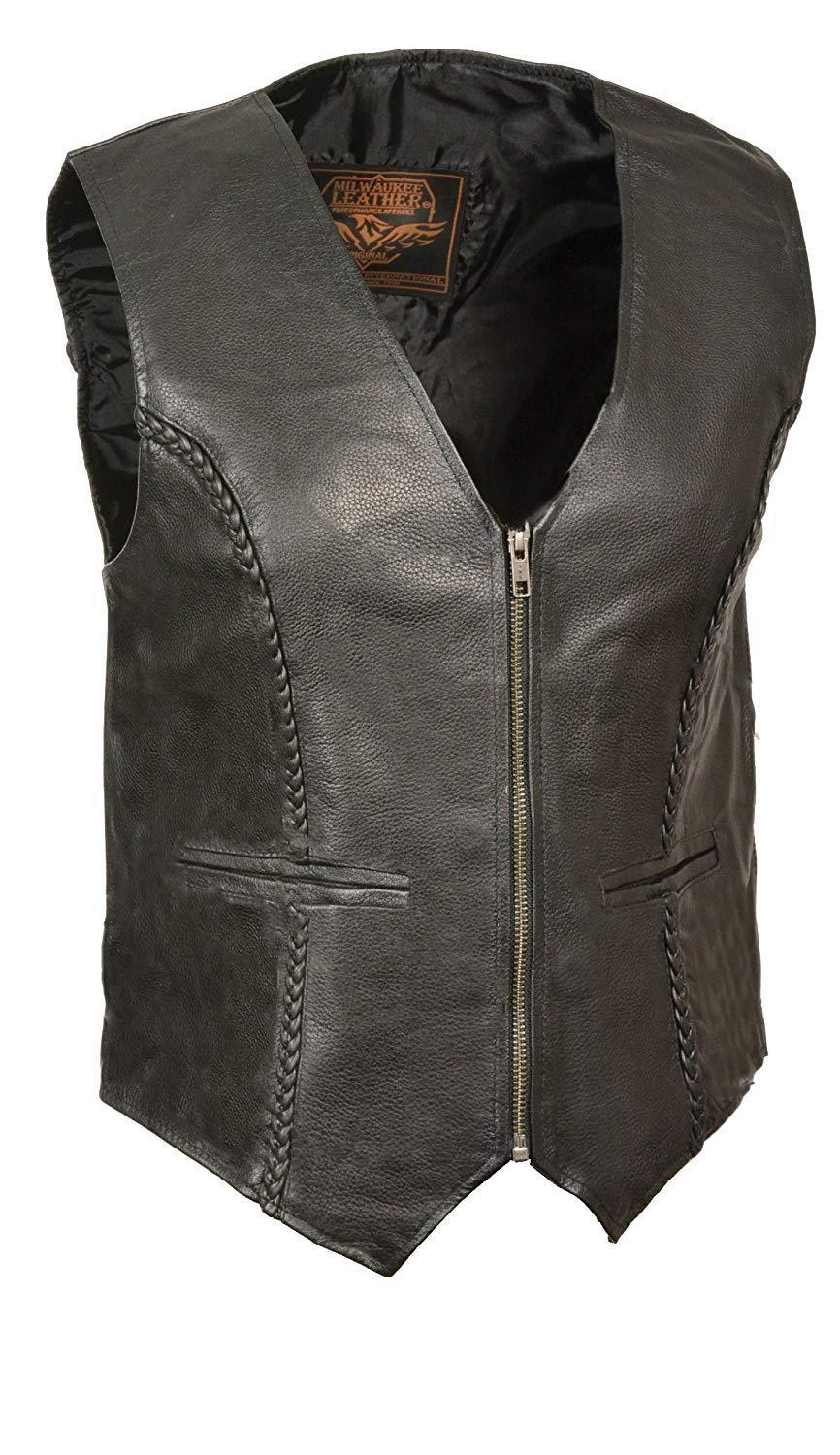 SH1246Z Women's Black Leather Classic Braided Motorcycle Rider Vest with Zipper Closure