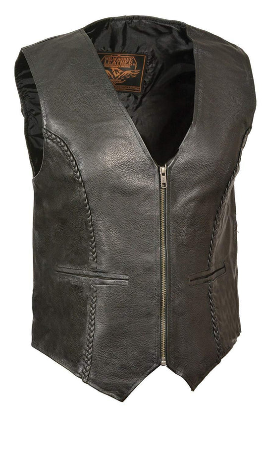 SH1246Z Women's Black Leather Classic Braided Motorcycle Rider Vest with Zipper Closure