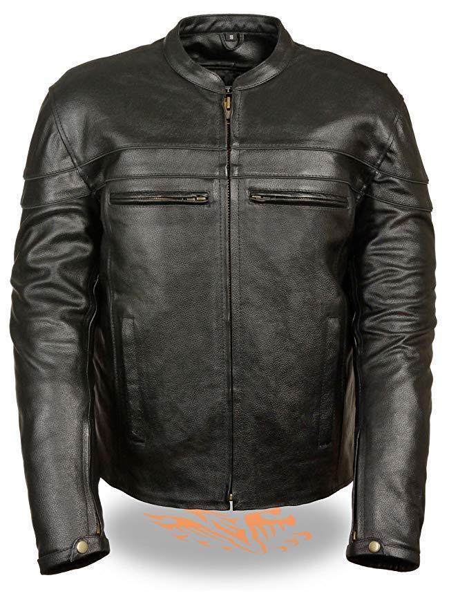 LKM1725 Men's Black Leather Sporty Crossover Scooter Motorcycle Jacket w/ Reflective Piping