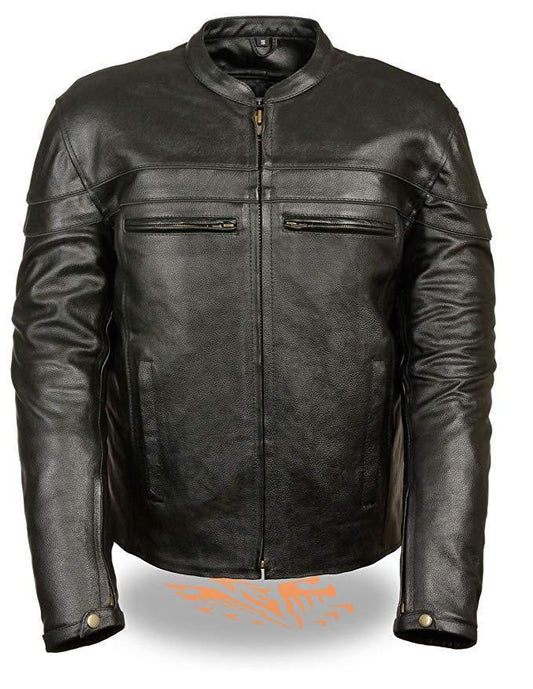 LKM1725 Men's Black Leather Sporty Crossover Scooter Motorcycle Jacket w/ Reflective Piping