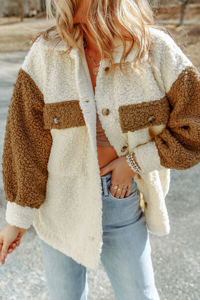 Women Cute Sherpa Jacket with Button Closure and Collared Neck in Elegant Retro Style