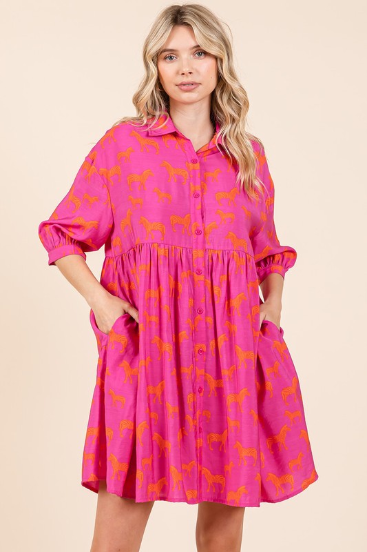 Zebra Print Button Down Shirt Mini Dress For Women – Fluttering, Bold and Fashion-Forward Dress with Pocketed Tiered Design