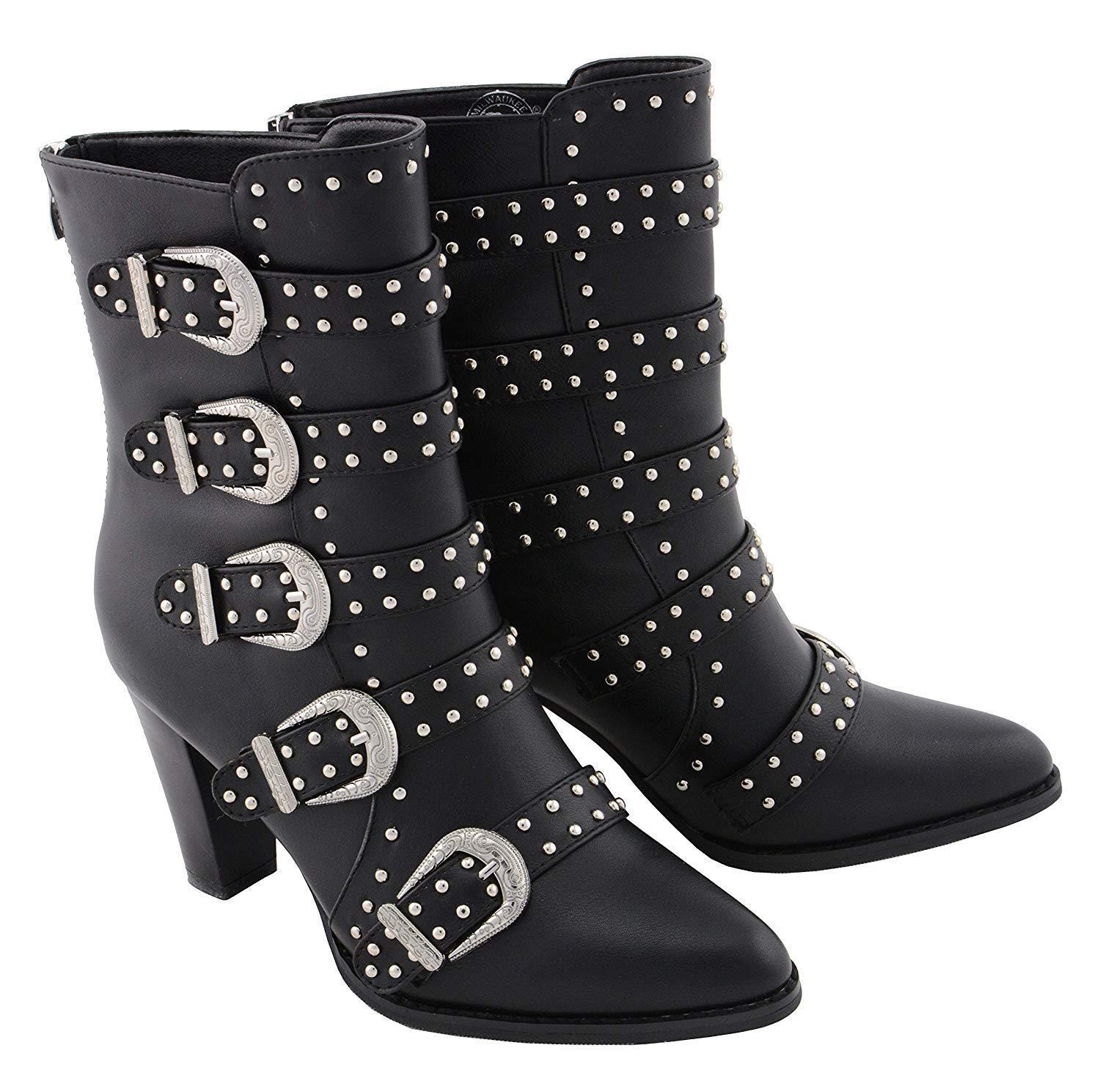 MBL9428 Women's Black Buckle Up Fashion Boots with Studded Bling
