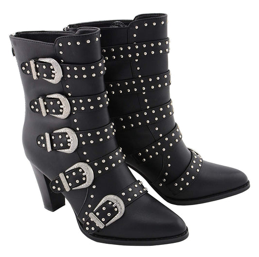 MBL9428 Women's Black Buckle Up Fashion Boots with Studded Bling