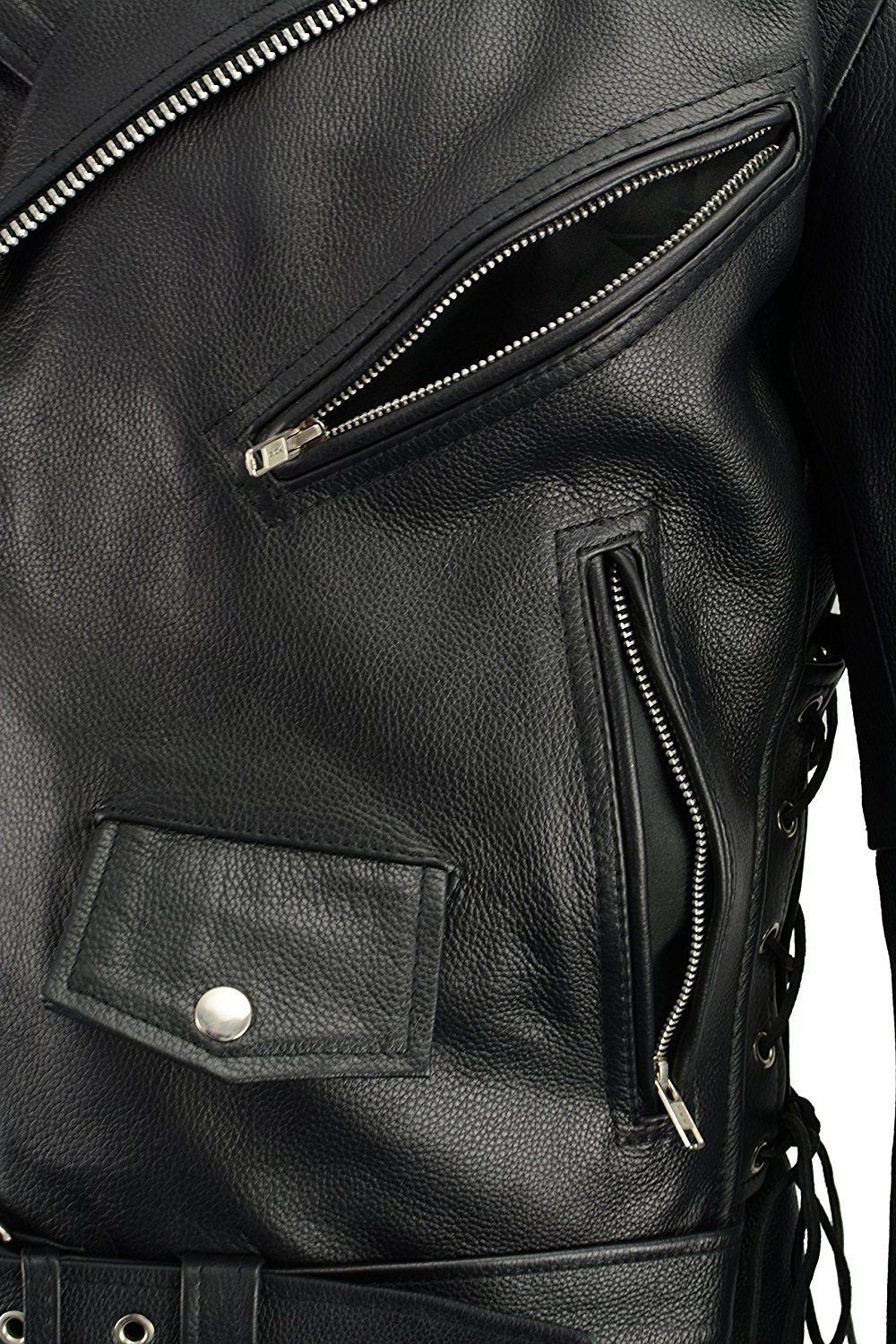 SH1011TALL Black Classic Brando Motorcycle Jacket for Men Made of Cowhide Leather w/ Side Lacing