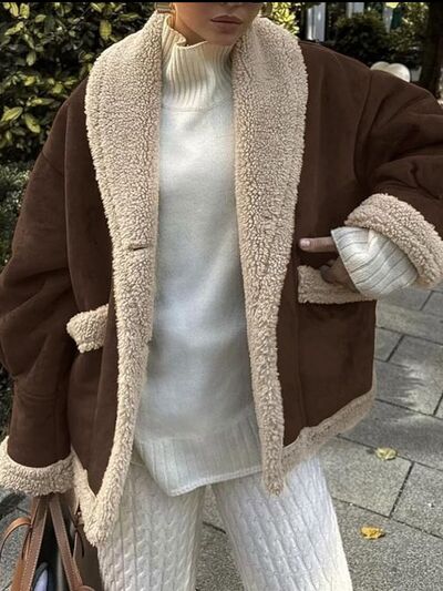 Fuzzy Collared Neck Long Sleeve Jacket with Buttoned Closure and Cozy Pockets
