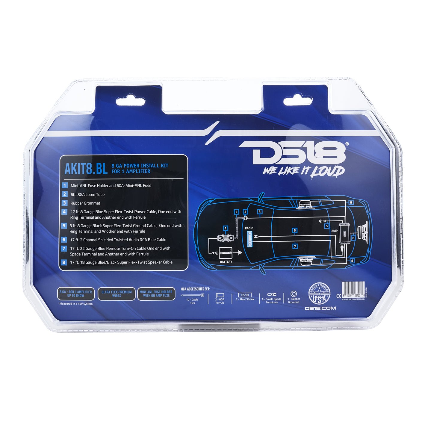 8-GA Amplifier Installation Wiring Kit - Blue