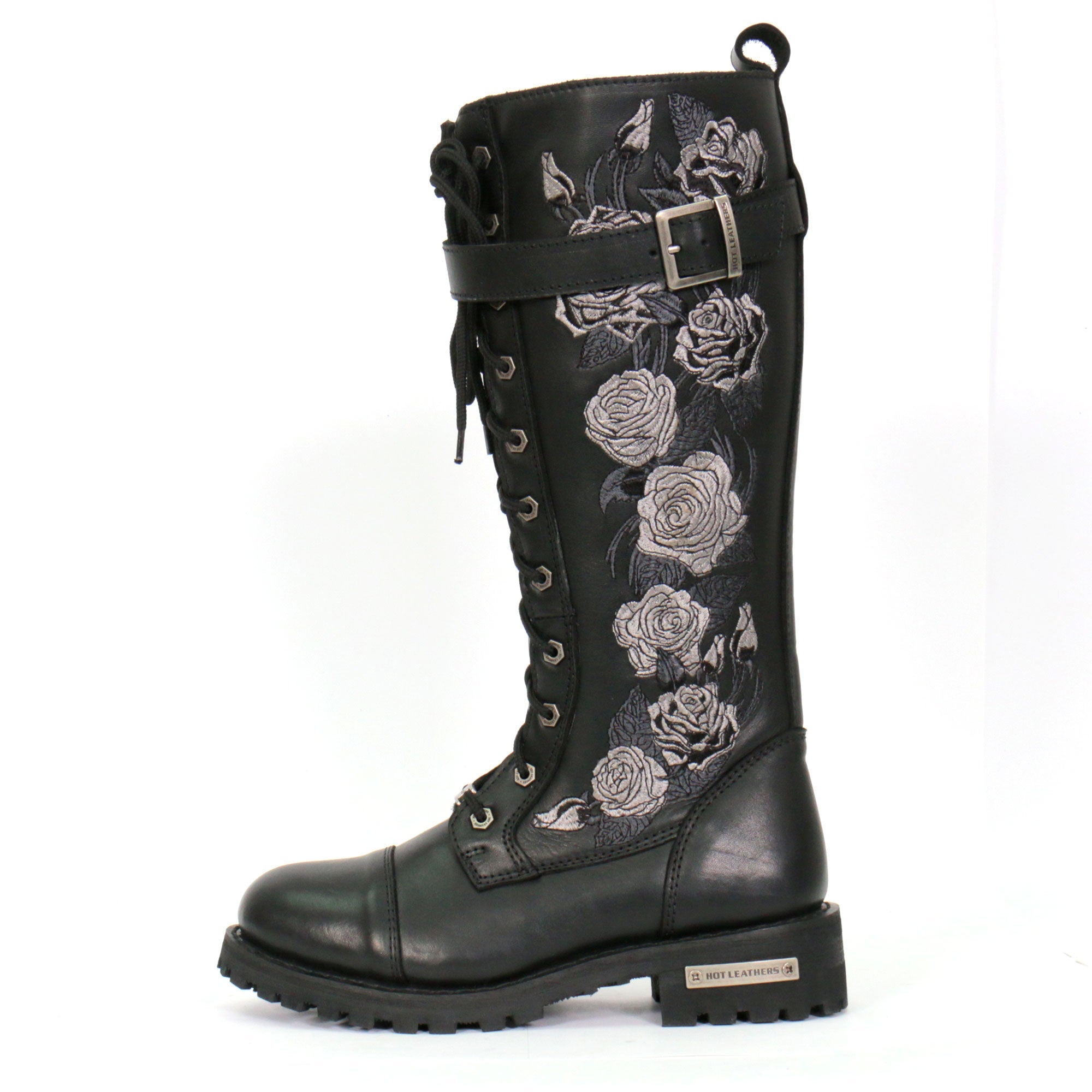 BTL1007 Ladies Black Knee High Wild Roses Leather Boots