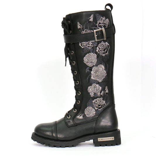 BTL1007 Ladies Black Knee High Wild Roses Leather Boots