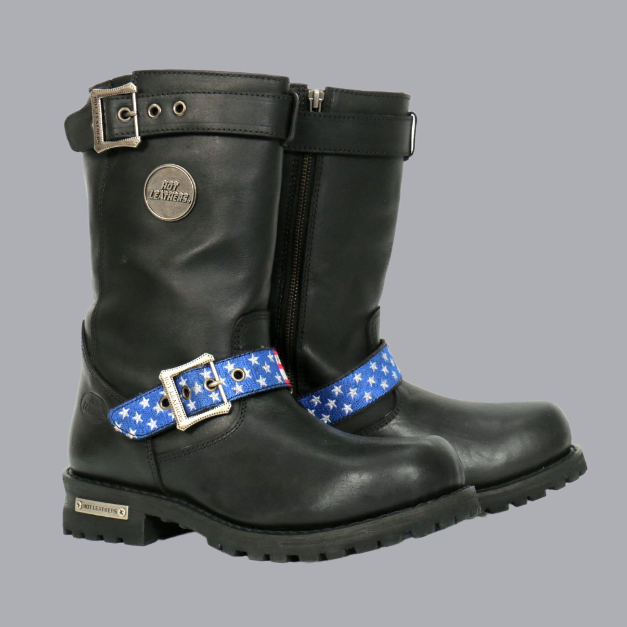 BTM1019 Men's Black Tall Round Toe Harness Boots with Flag Strap