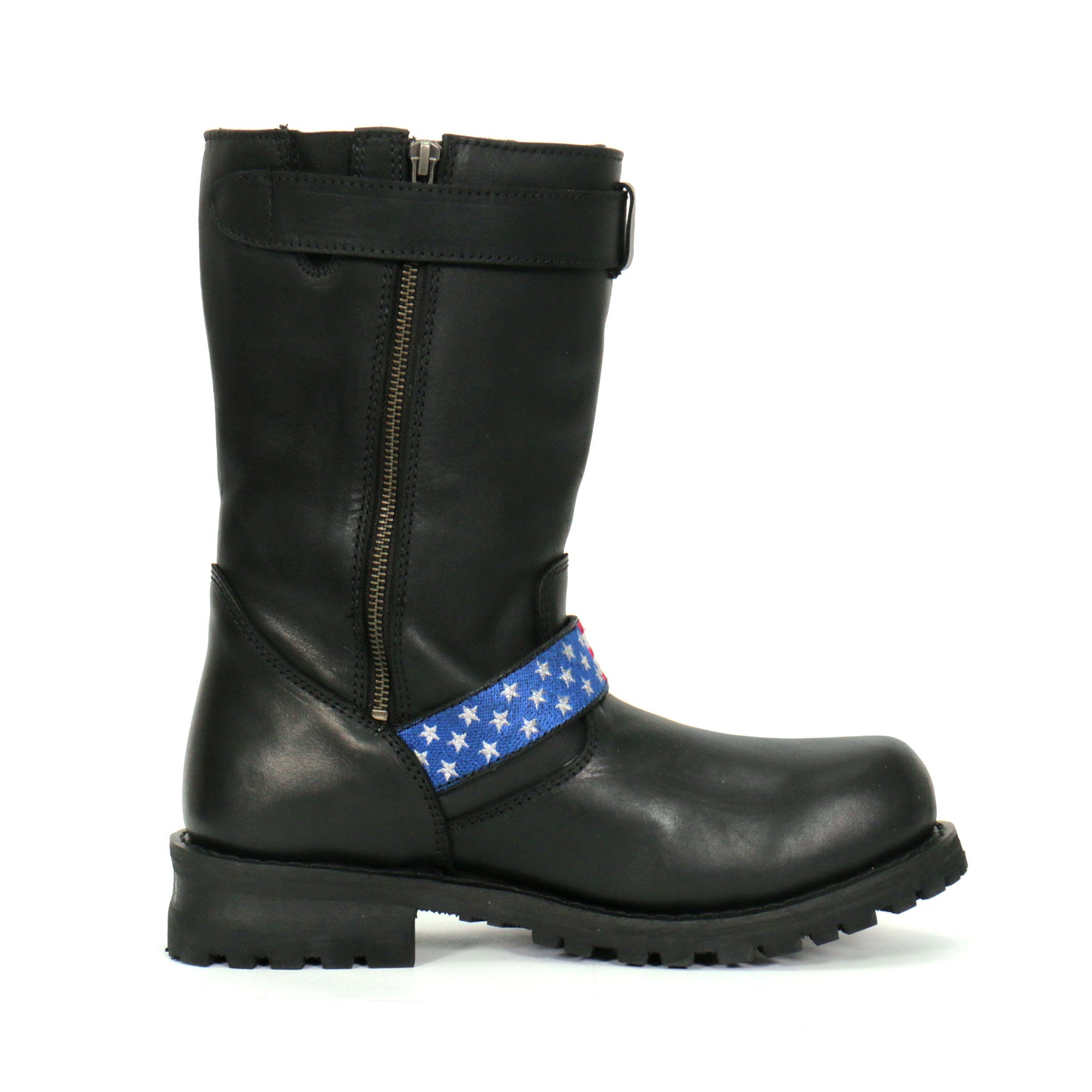 BTM1019 Men's Black Tall Round Toe Harness Boots with Flag Strap