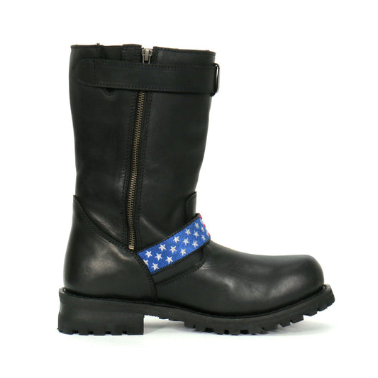 BTM1019 Men's Black Tall Round Toe Harness Boots with Flag Strap