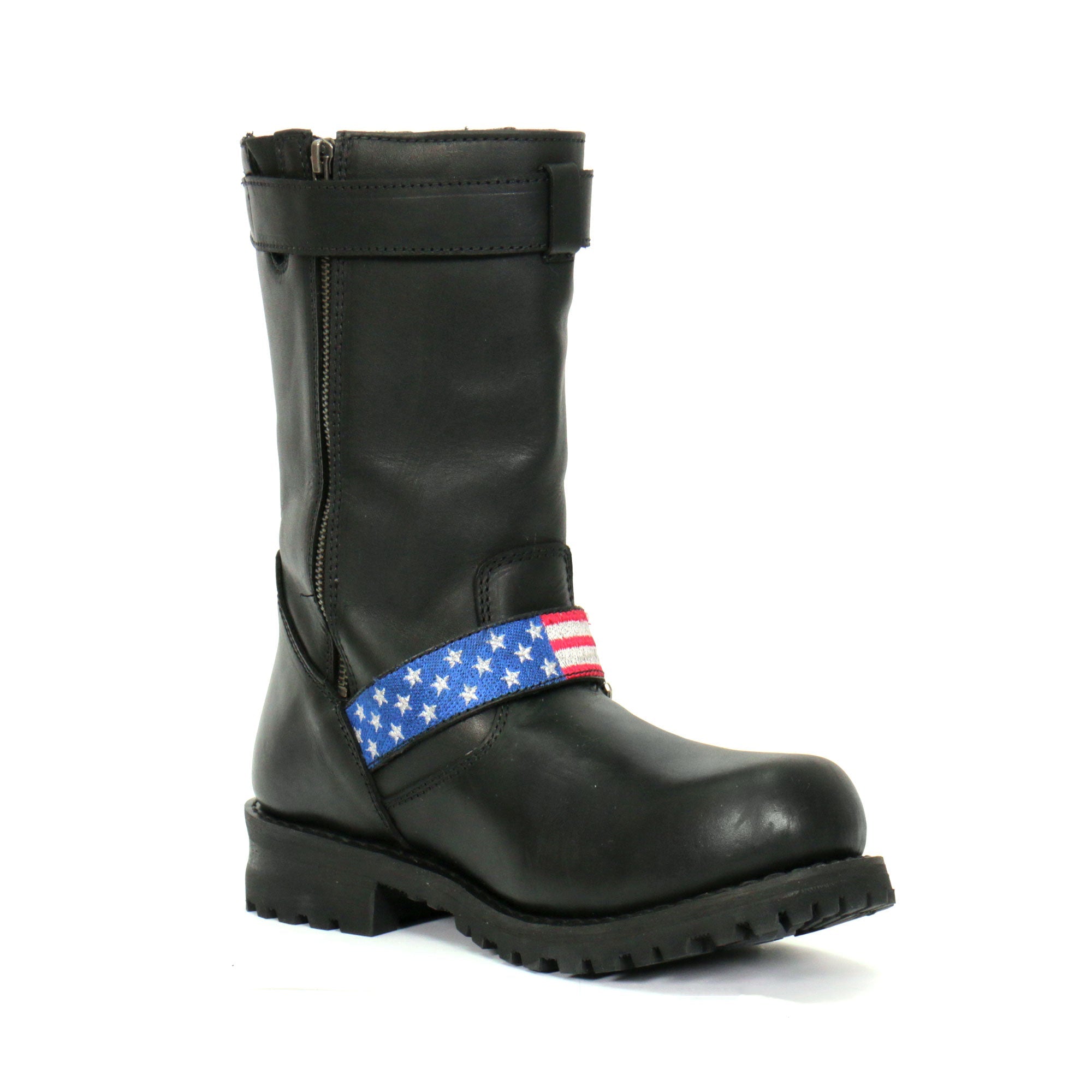 BTM1019 Men's Black Tall Round Toe Harness Boots with Flag Strap