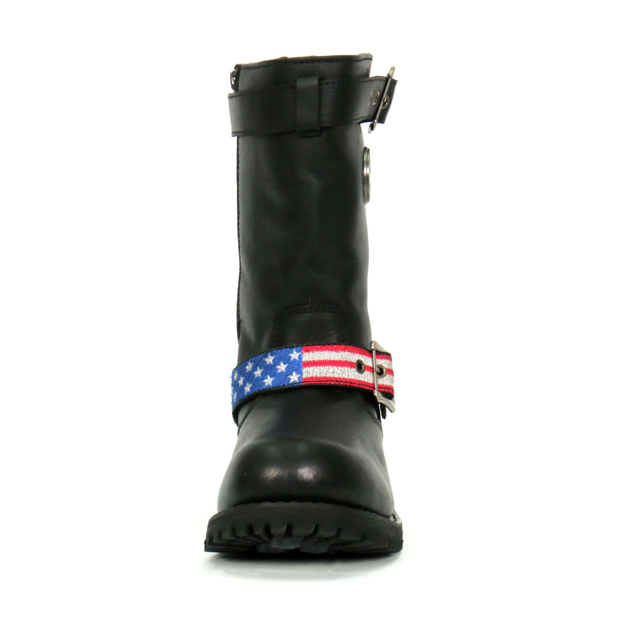 BTM1019 Men's Black Tall Round Toe Harness Boots with Flag Strap
