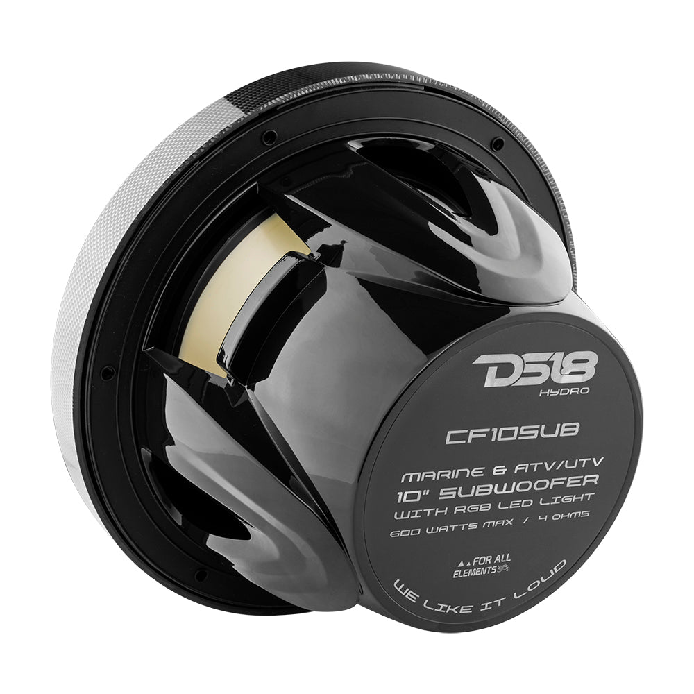 NXL 10" Marine Subwoofer With LED RGB Lights 300 Watts Rms SVC 4-Ohm -Black Carbon Fiber