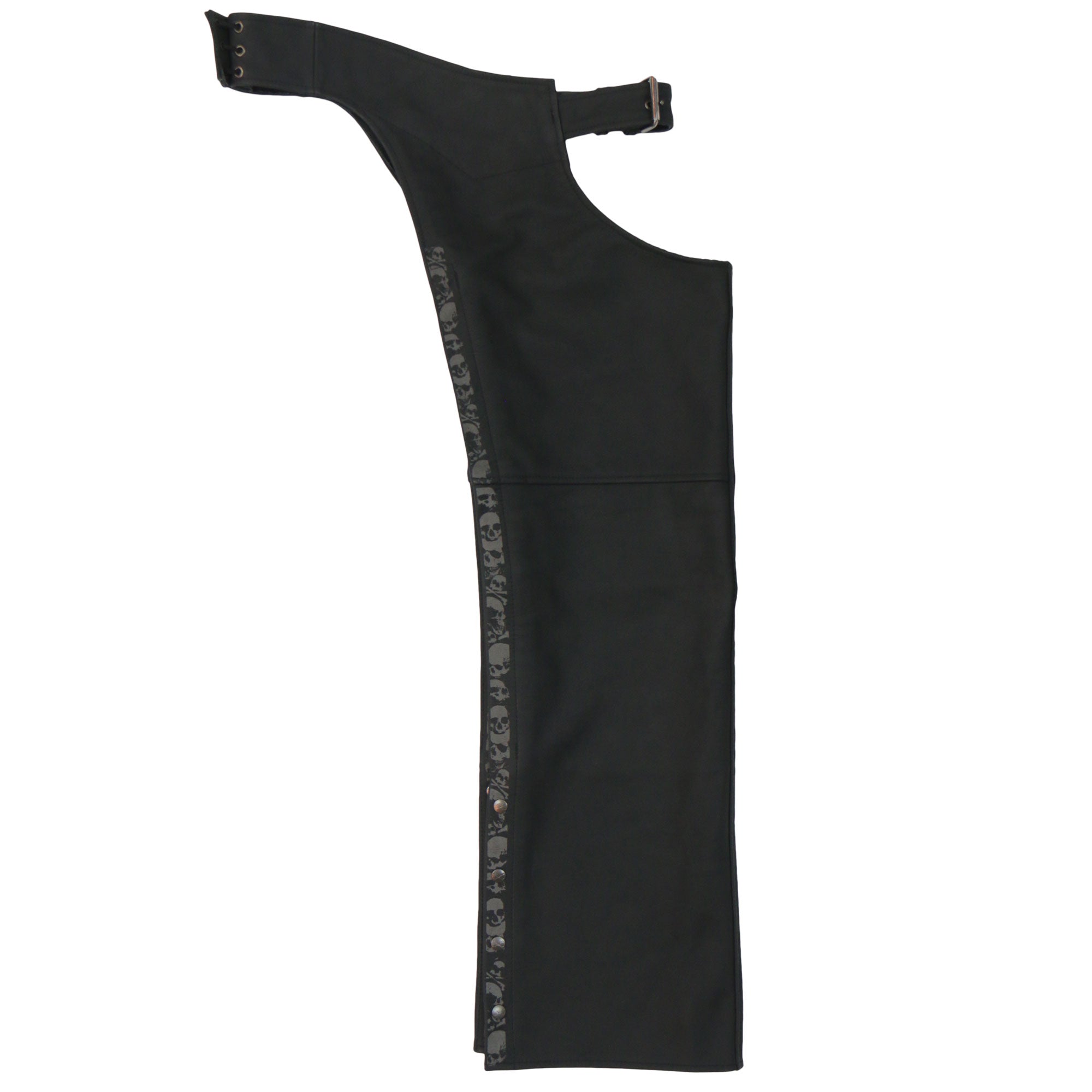 CHM2001 Men's Matte Black motorcycle Leather Biker Chaps with Ancient Skull Reflective Artwork