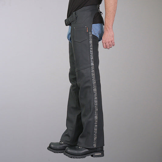 CHM2001 Men's Matte Black motorcycle Leather Biker Chaps with Ancient Skull Reflective Artwork